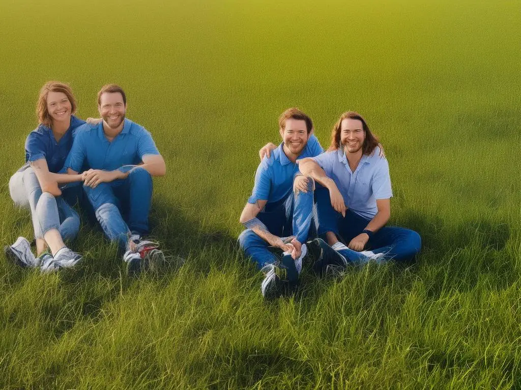 A Double Doodle sitting on a grassy field with a happy expression on its face