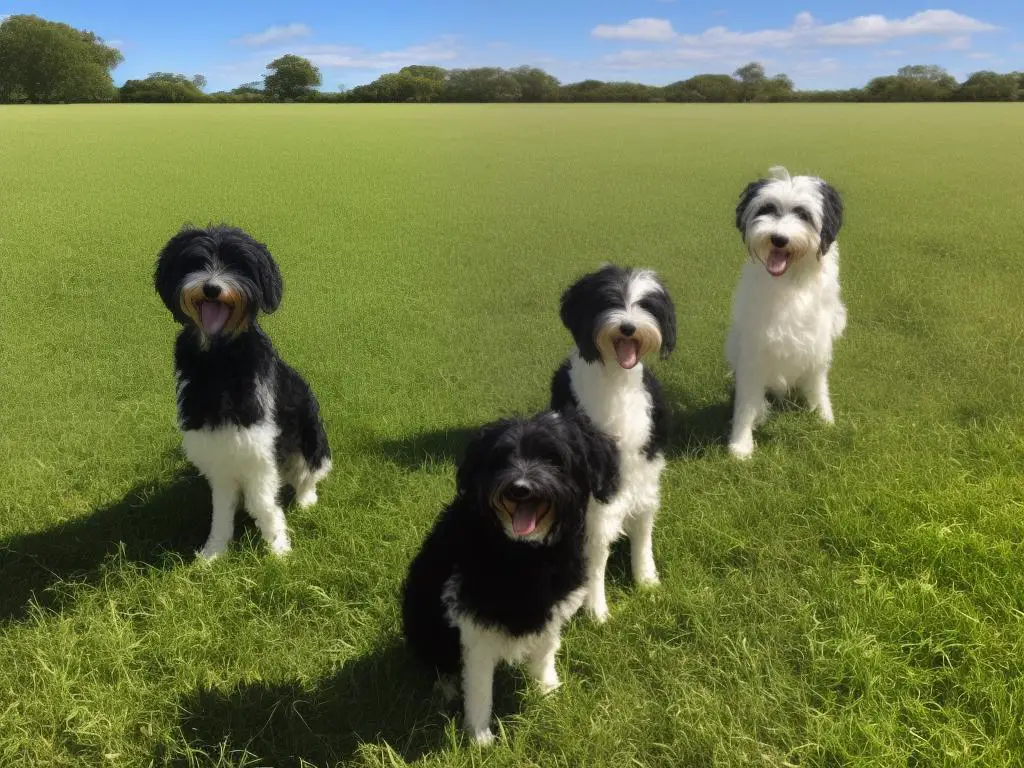 A Double Doodle is standing on a field, looking playful and friendly.