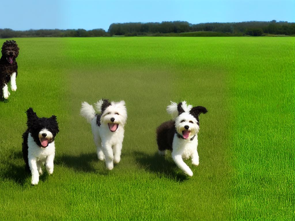 A Double Doodle running through a field with a happy expression on its face