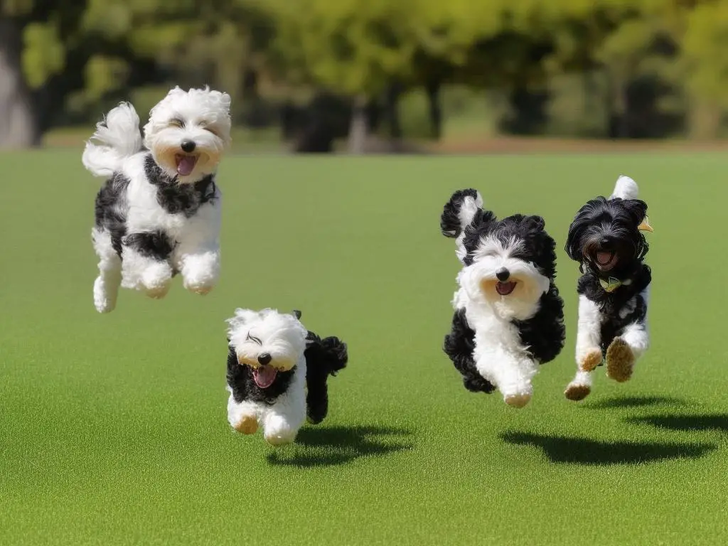 A Double Doodle running in a park with its tongue out, representing a lively and active breed.