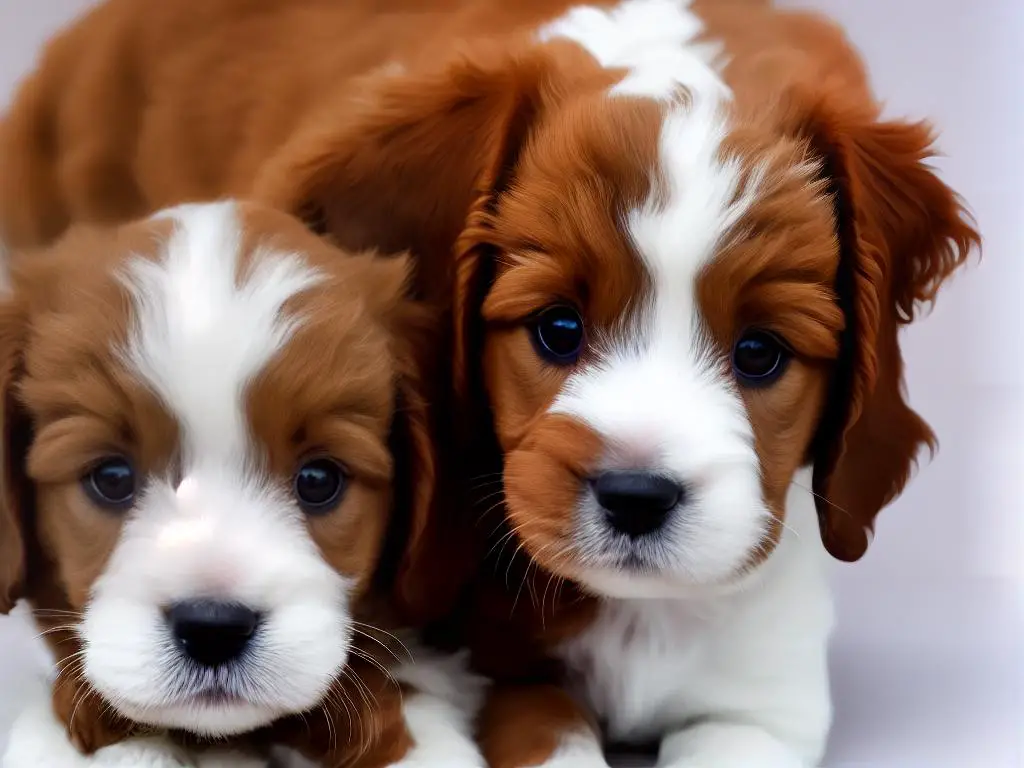 A cute Double Doodle puppy with curly, cream-colored fur and big brown eyes.
