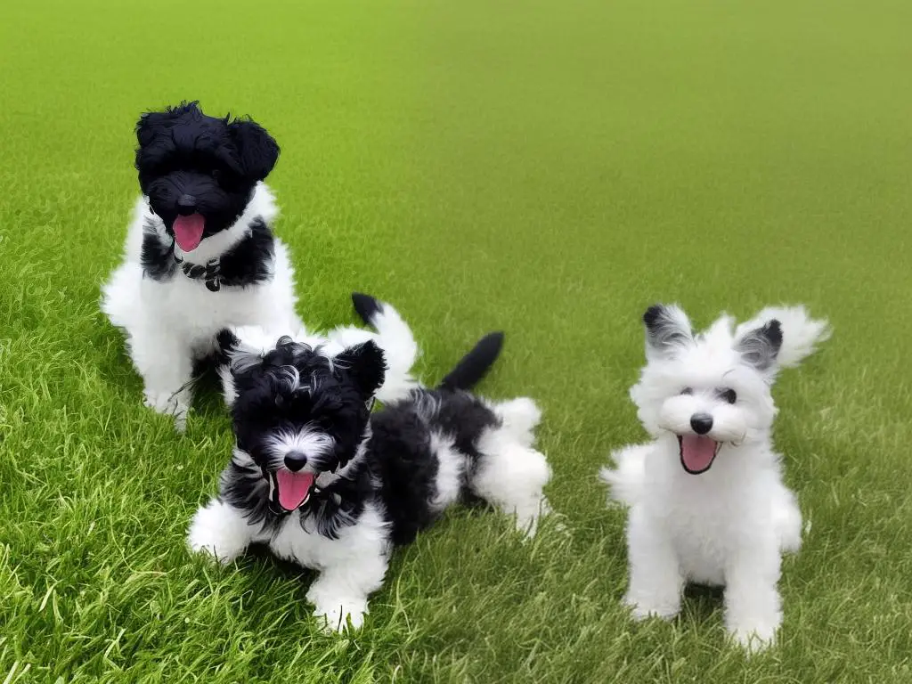 A cute and furry double doodle puppy sitting on a green grass lawn with a tongue hanging out