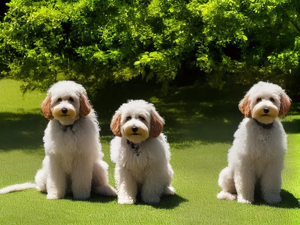 A Double Doodle sitting happily in a sunny yard, wagging its tail.