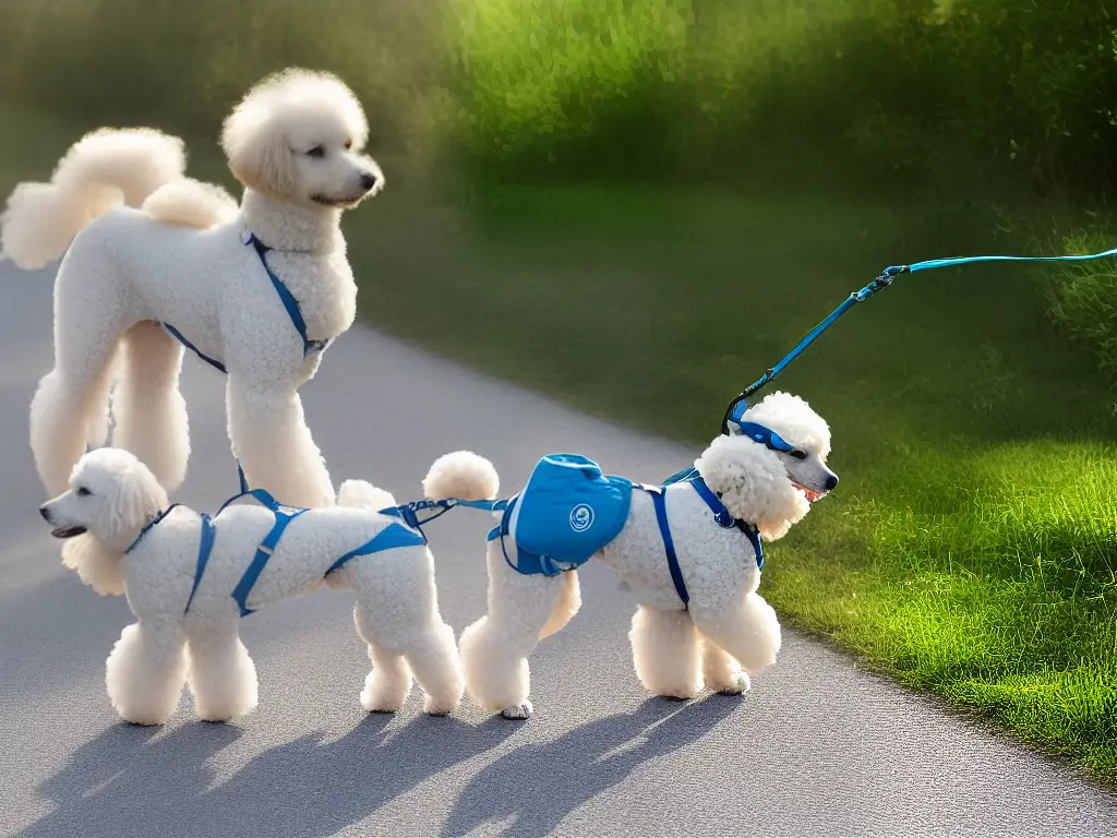 An image of a poodle wearing harness, non-slip shoes and a reflective gear.