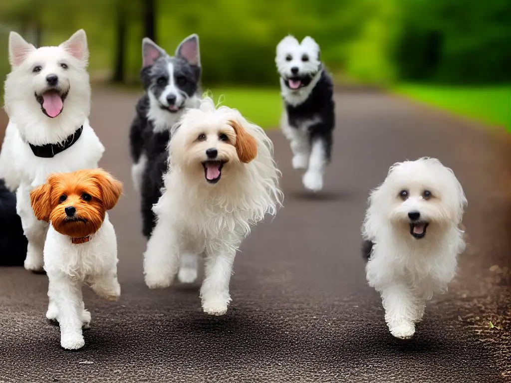 An image of two dogs, one larger breed and one smaller breed, going for a walk in a park.