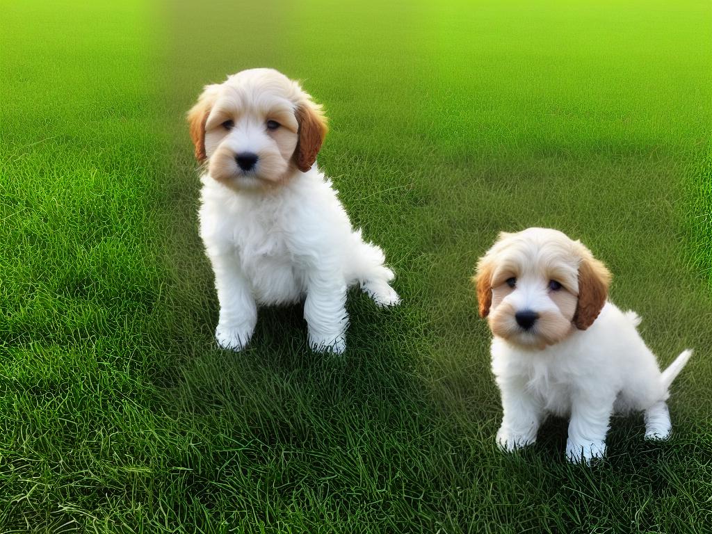 A cute Cockapoo puppy sitting on a grassy field with a blue sky in the background.