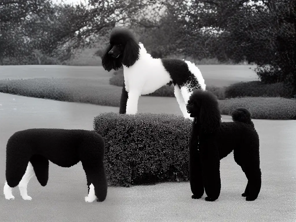 A black and white image of a Standard Poodle standing gracefully with its tail held high.