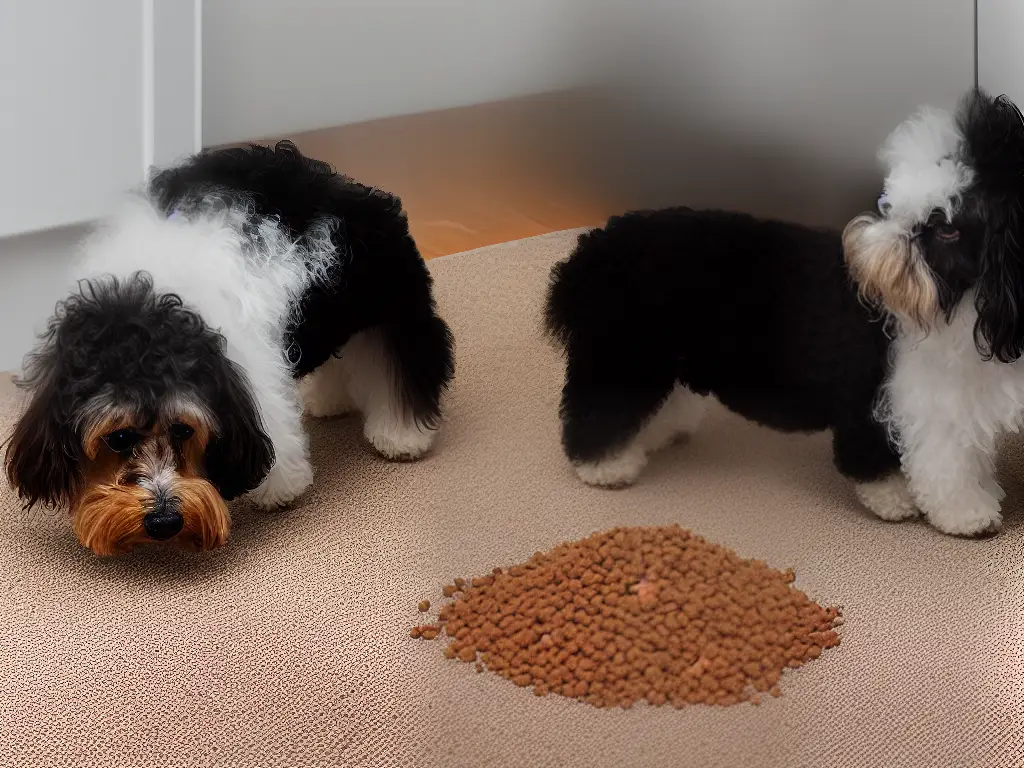 An image of a small poodle staring at a dog food bowl on the floor next to him, with food scattered around the floor in front of him.