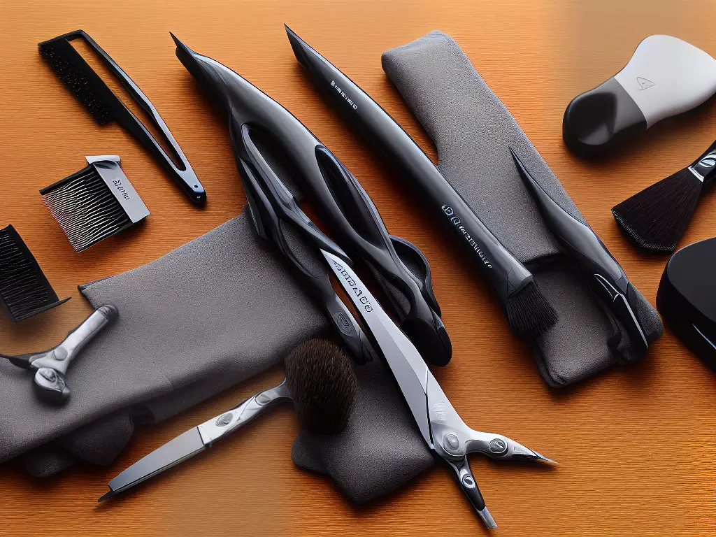 A picture of grooming equipment such as combs, brushes, scissors, and clippers all laid out on a table.