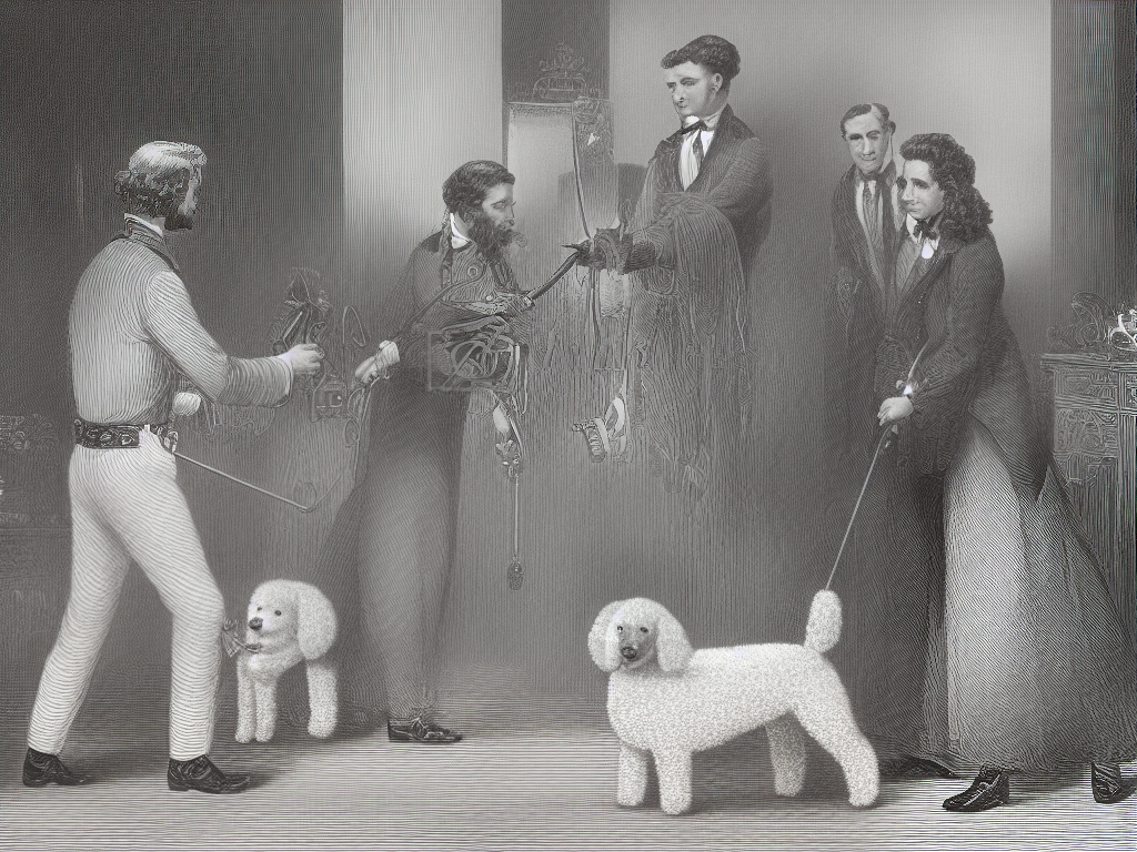 A cartoon graphic showing a poodle being groomed by its owner to prevent matting and keep its curly coat healthy.