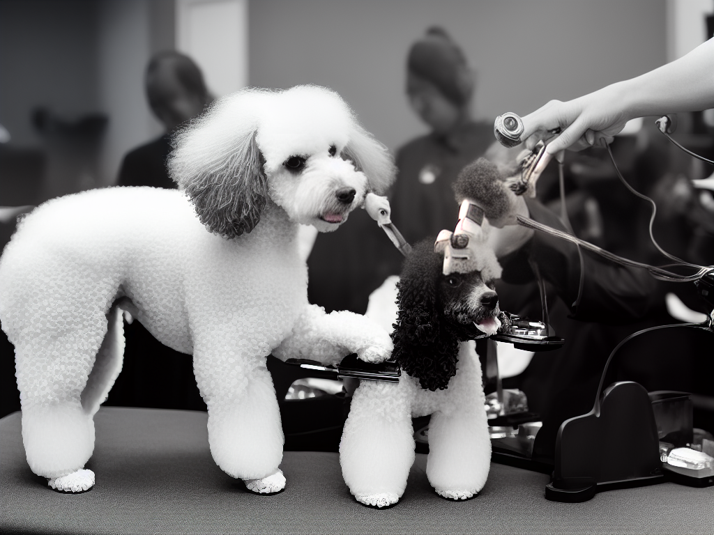 An image of a poodle getting groomed with its fur clipped and a groomer trimming its nails.