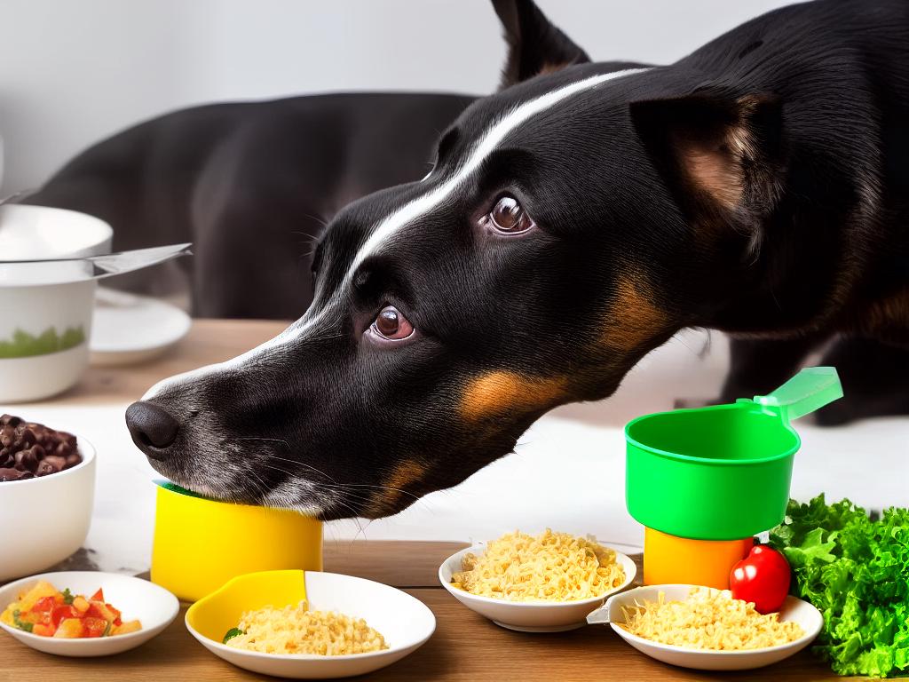 A dog eating a bowl of food with a measuring cup beside it, indicating portion control.