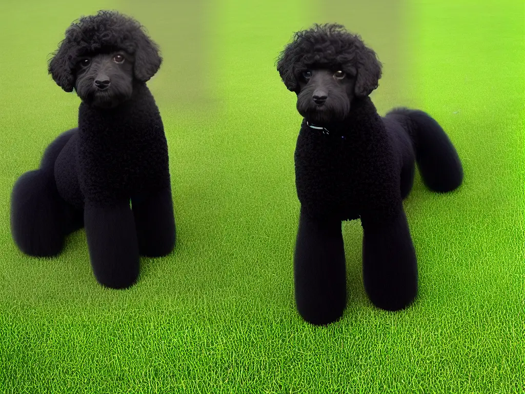A miniature black poodle with a curly low-shedding coat standing on green grass