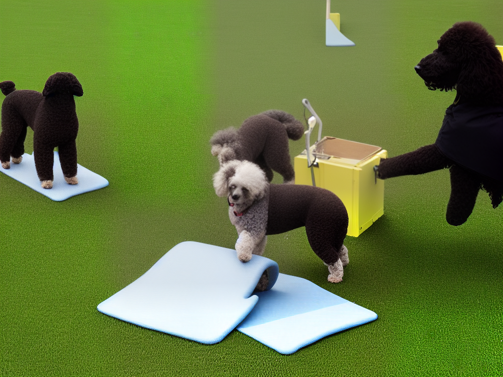 An image of a poodle mix on an agility course made of chairs and blankets, playing tug with their owner, and solving a puzzle feeder made from a cardboard box with treats inside.