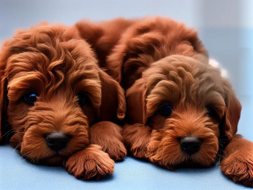 A cute and fluffy Labradoodle puppy looking up at the camera with big eyes and a curious expression.