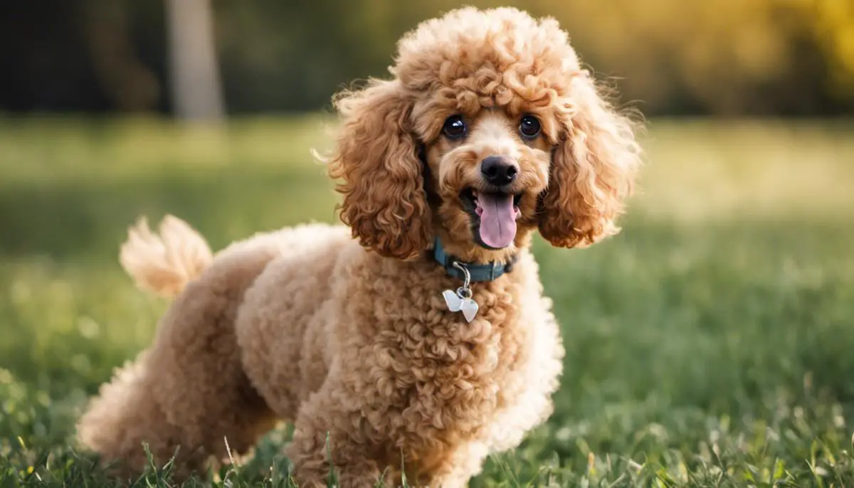 A playful mini poodle, with its curly fur and expressive eyes, looking bright and healthy, representing the topic of mini poodle lifespan.