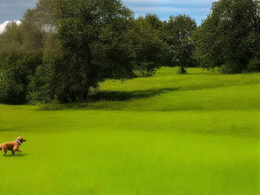 A dog running through a field with trees in the background.