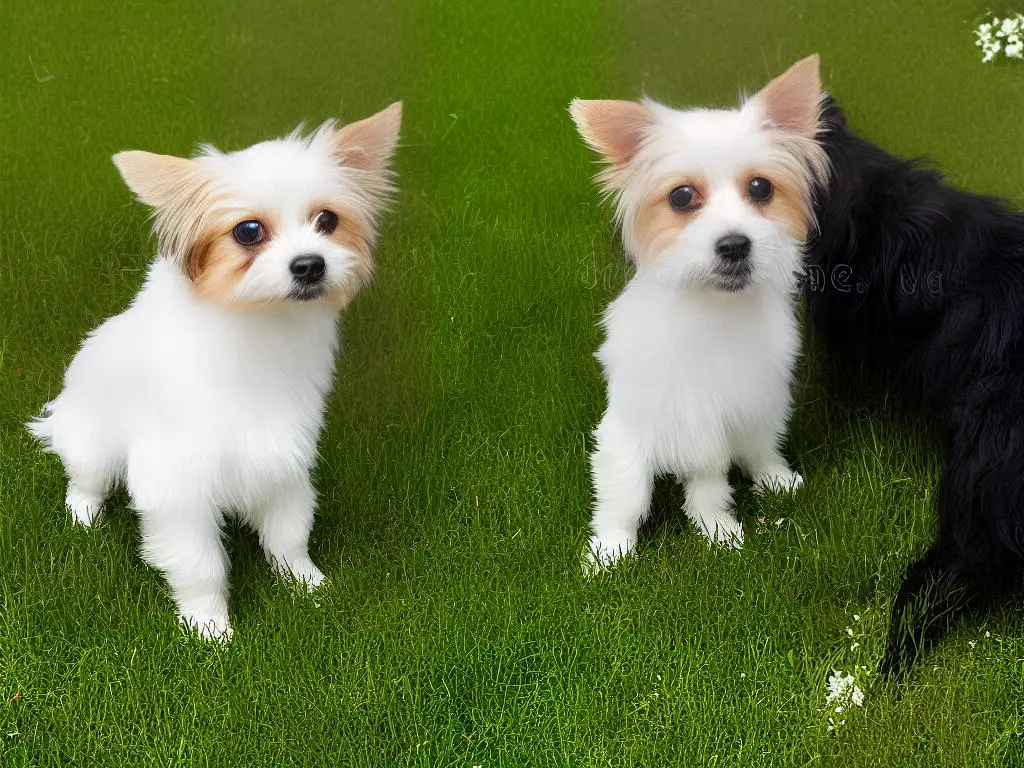 A small dog sitting on the grass and looking up attentively at their owner, ready to listen to commands and learn new tricks.