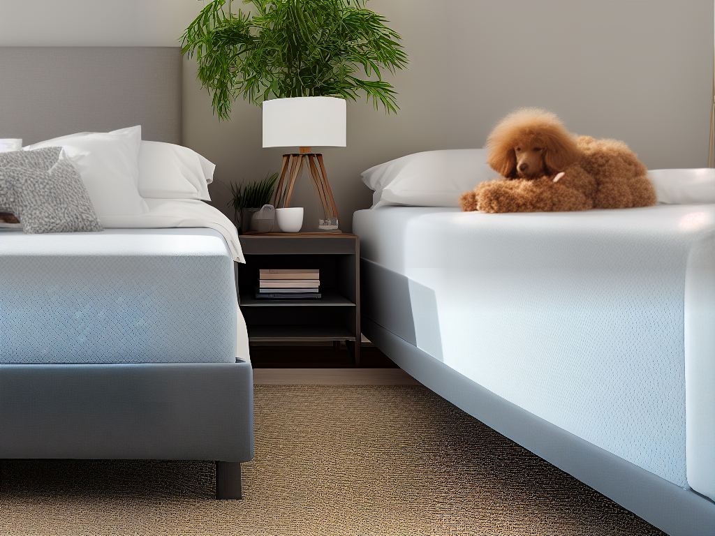 Illustration of a happy poodle sleeping on an elevated bed with memory foam mattress and a cover matching the owner's furniture