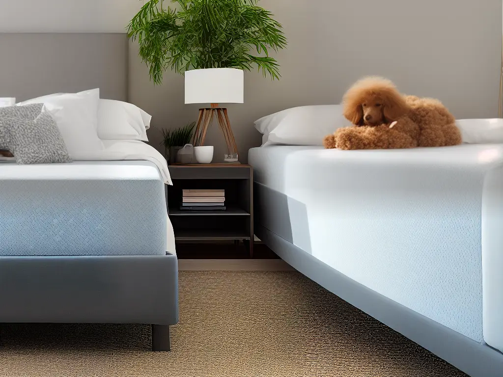 Illustration of a happy poodle sleeping on an elevated bed with memory foam mattress and a cover matching the owner's furniture