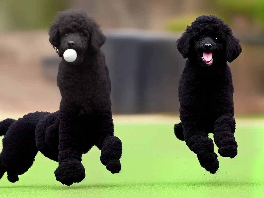 A black poodle outdoors, running with a tennis ball in its mouth.