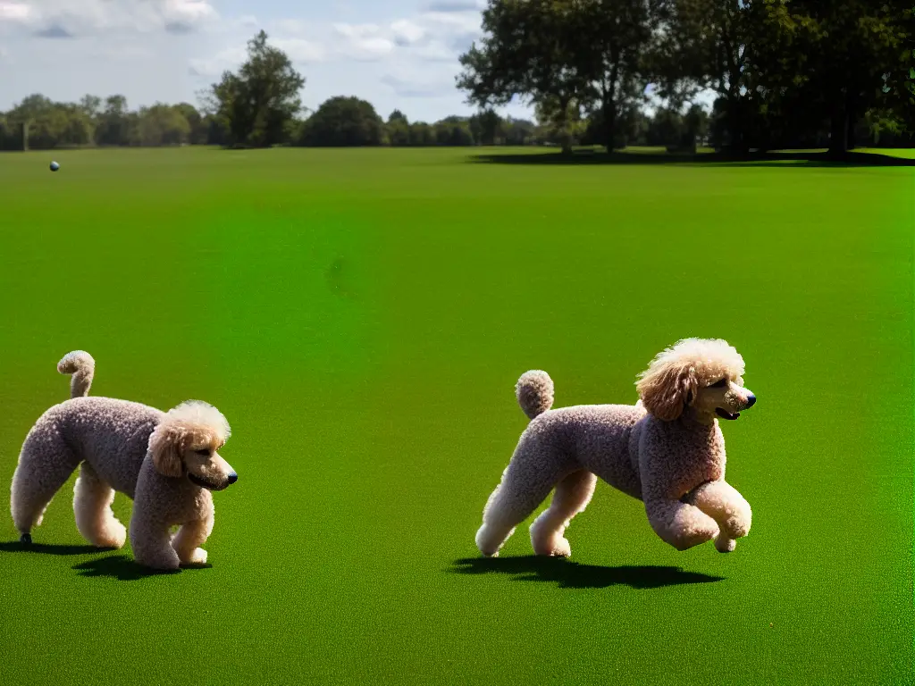 A poodle playing with a ball in a park with green grass and some trees in the background