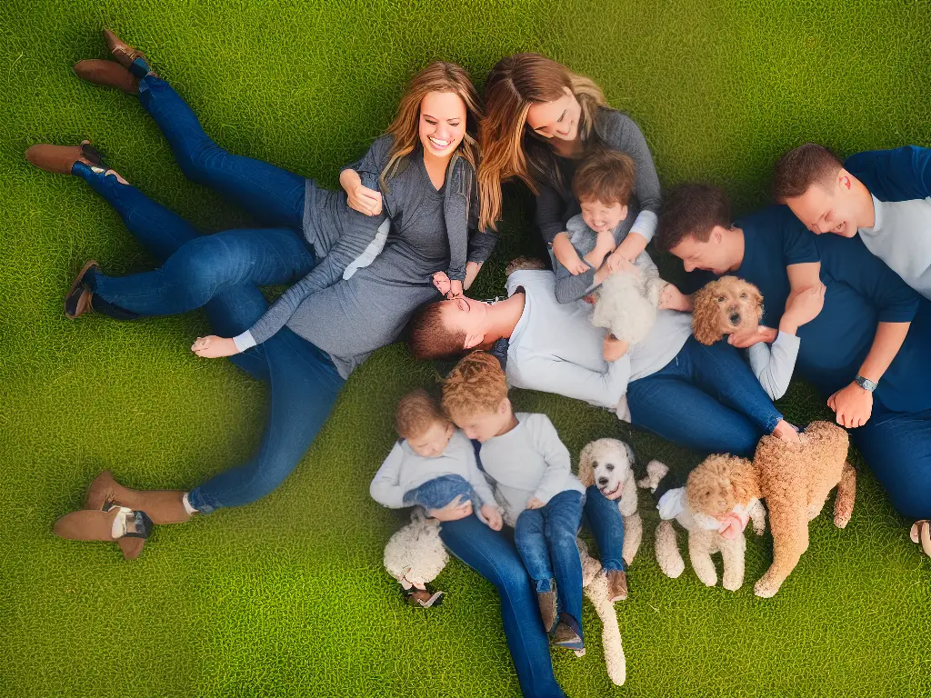 An image of a smiling family with a poodle lying beside them in a green field. The family are playing with the dog and all look very happy together.