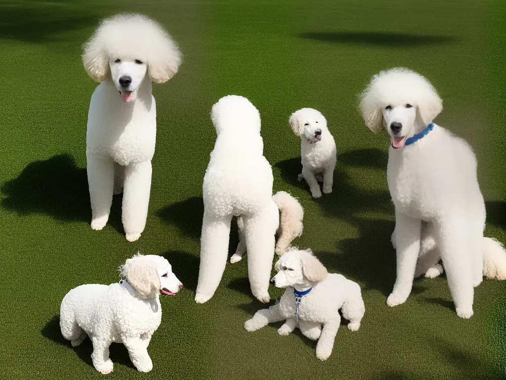 A white and curly Poodle sitting outside with other dogs in the background.