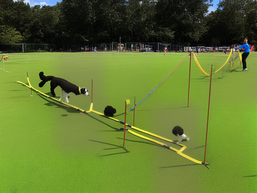 An image of various agility equipment including jumps, tunnels, weave poles, and contact obstacles. A poodle is shown successfully completing each obstacle to demonstrate how it's done.