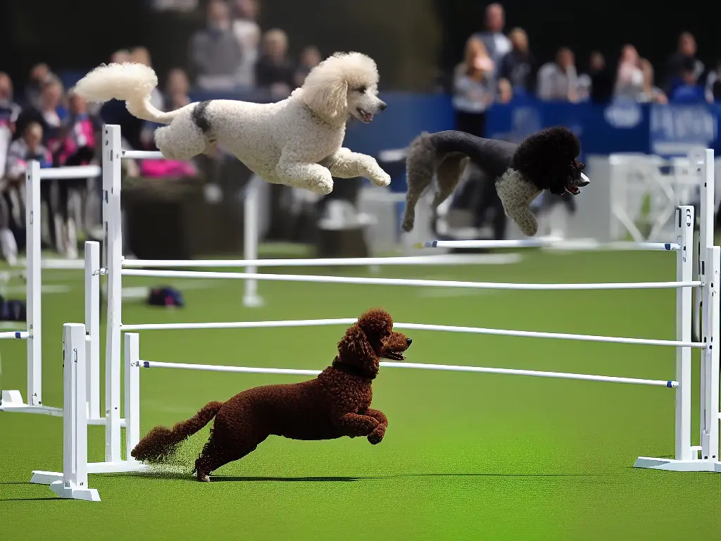 A poodle jumping over a tall hurdle during an agility competition