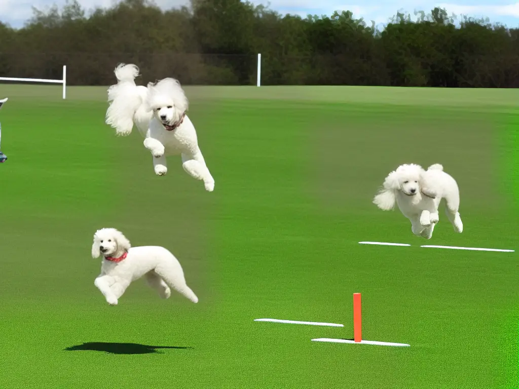 A white poodle mid-air over a hurdle on a grassy course with an encouraging trainer in the background.