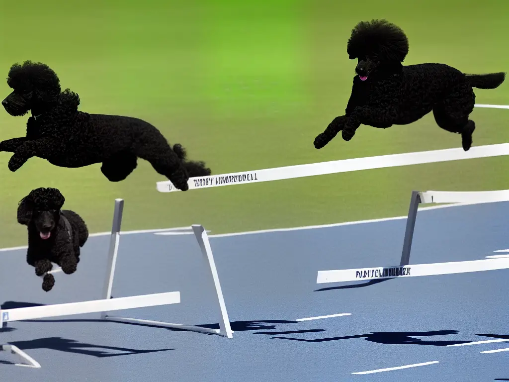 A black poodle jumping over a hurdle, with its owner cheering it on.