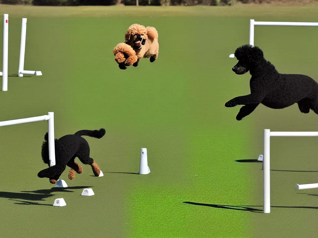 A cartoon image of a Poodle jumping over an obstacle on an agility course.