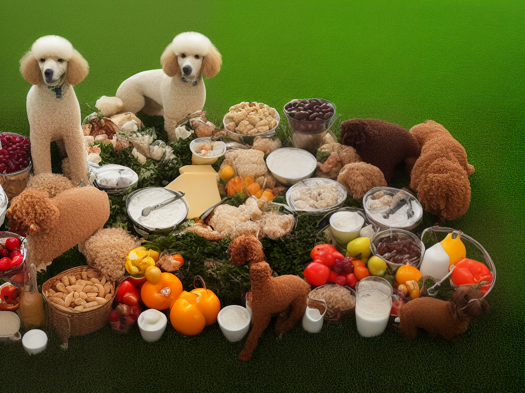 A poodle sitting on grass next to various food items including wheat, chicken, beef, milk, and cheese, with red x's over them to signify foods that can cause allergies in poodles.