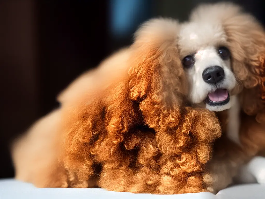 An image of a poodle's curly coat, which helps to reduce the spread of pet dander and allergens.