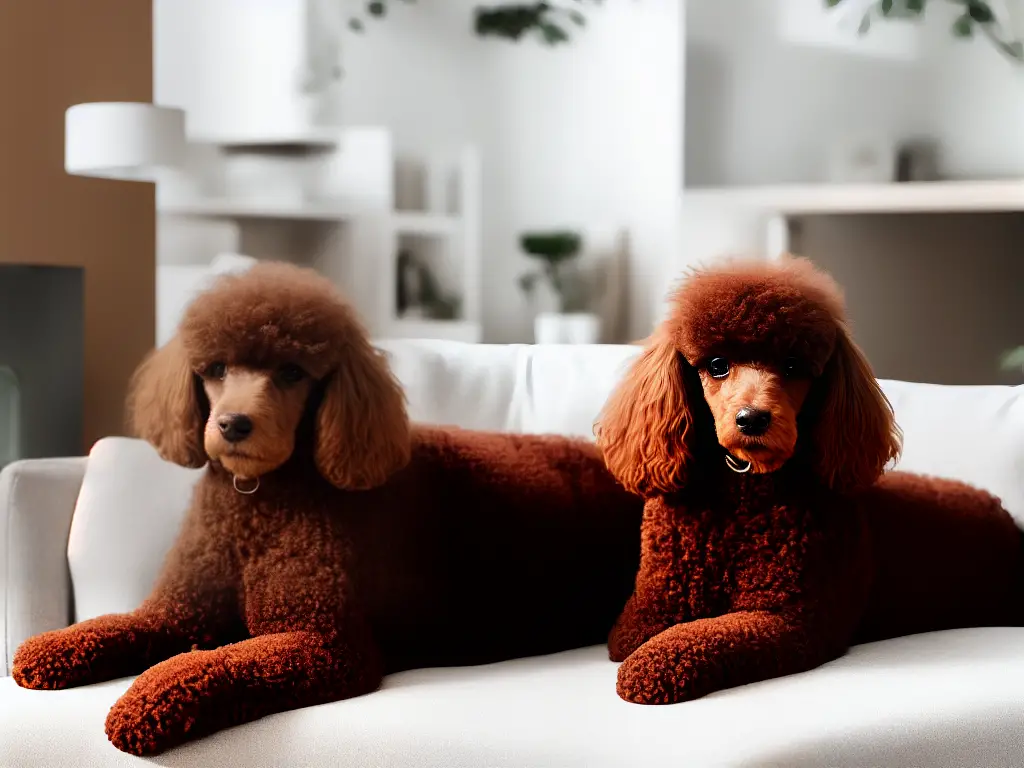 A poodle with a well-groomed curly coat sitting on a clean couch with an air purifier visible in the background