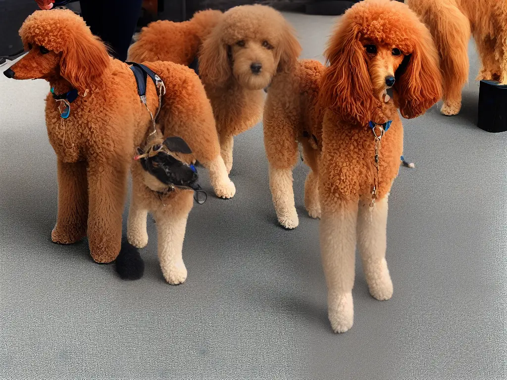 A photo of a poodle mix sitting and looking up at a person who is holding a treat in their hand.