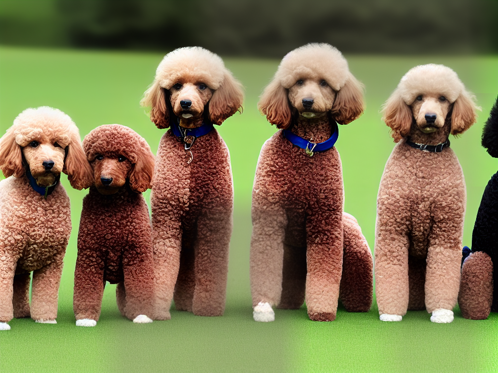 An image of three different poodle breeds standing side by side. From left to right, they are a standard poodle, a miniature poodle, and a toy poodle. The image shows the unique features of each breed and their size differences.