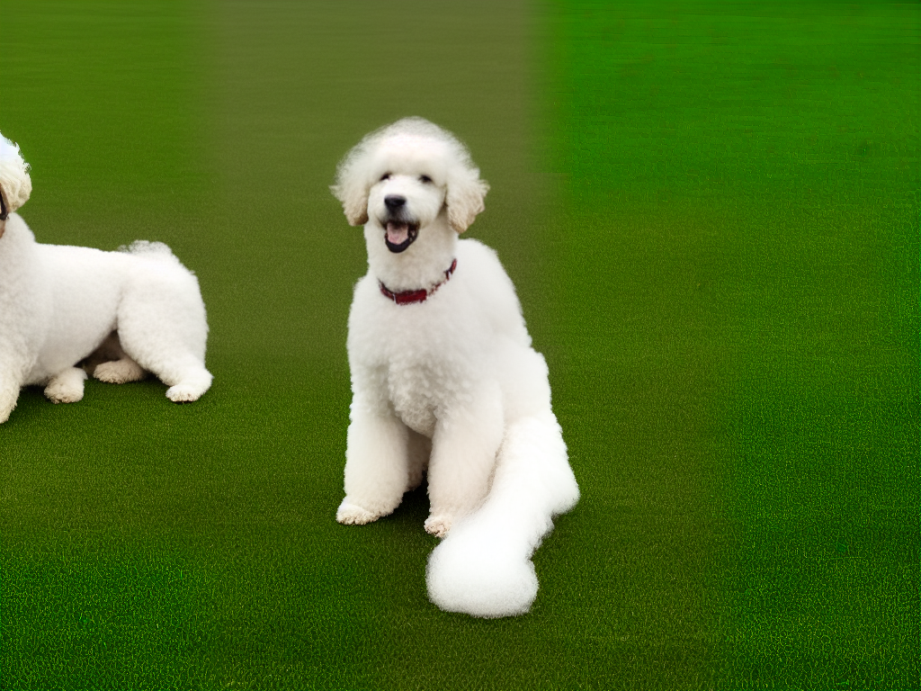 A white poodle with a curly coat sitting on a green lawn with its tongue out
