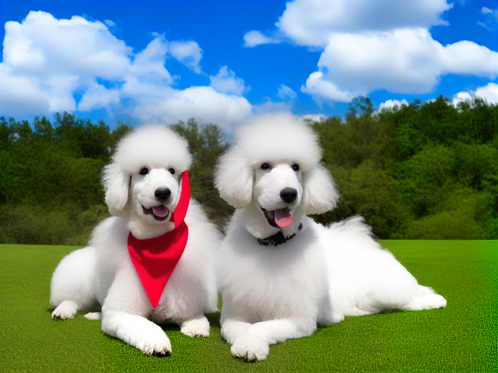 A cartoon drawing of a fluffy white poodle with black pointed ears and nose, wearing a red collar and sitting on a green grassy field with a blue sky background.