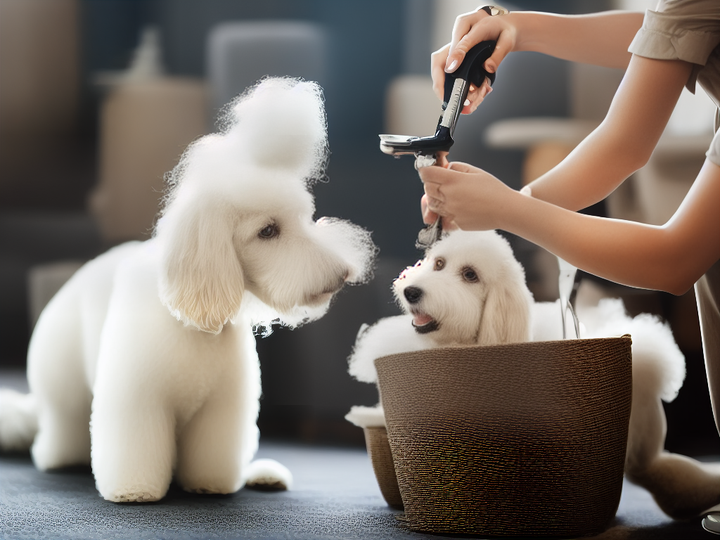 A white poodle sitting and being groomed by its owner