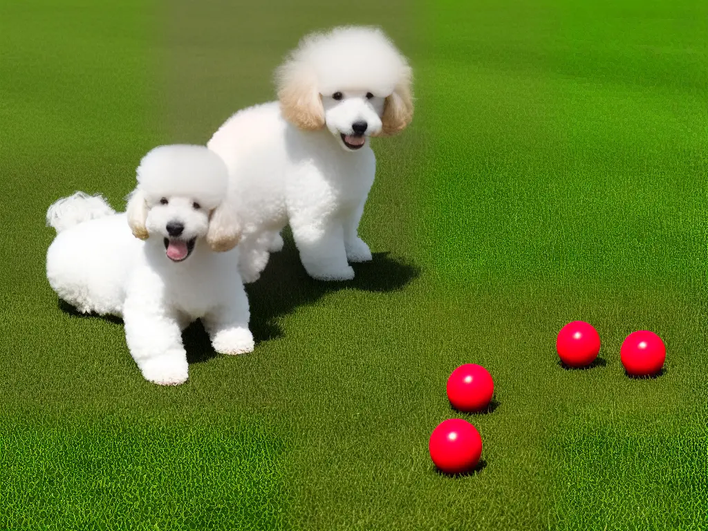 A small white poodle dog sitting on a green grass field with a red ball in front of it. The image shows the importance of regular exercise for Poodles.