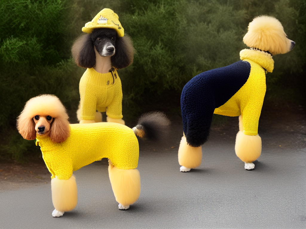 An image showcasing various clothing accessories for poodles such as dog coats, sweaters, raincoats, and boots. It also shows poodle-inspired clothing for owners including t-shirts, hoodies, and socks. The image depicts a poodle wearing a yellow raincoat and boots with a matching yellow sweater for its owner. Other accessories such as a leash and a collar are also visible.
