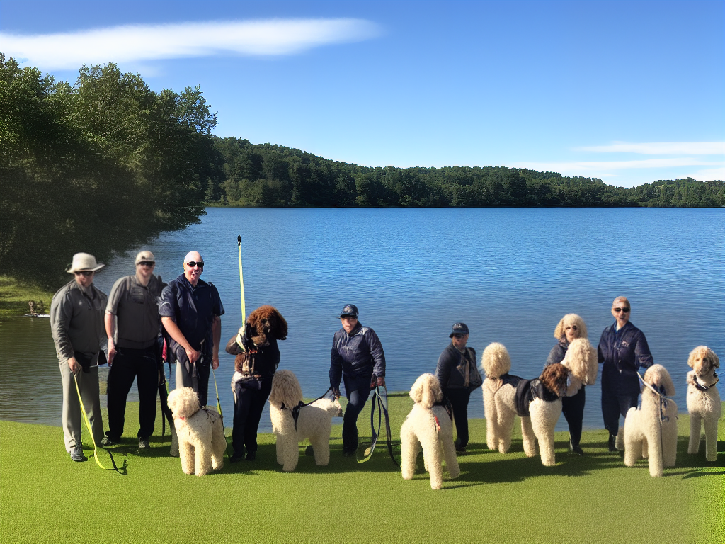 A group of poodle owners and enthusiasts standing on the shore of a lake with their leashed dogs, enjoying a sunny day outdoors.