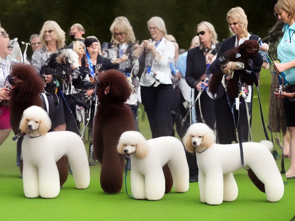 A group of Poodle owners and enthusiasts gathered together at a Poodle club event with their dogs of various sizes and colors.