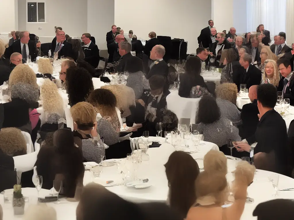 A group of people in a room with tables and chairs with poodles of different sizes sitting next to them, some on leashes and some wearing bandanas.