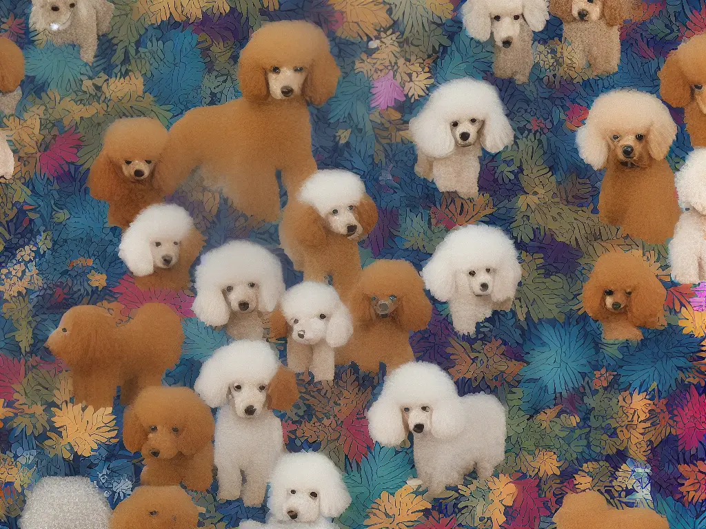 A cartoon image of a poodle with different colored patches on its coat to depict the different coat colors and patterns mentioned in the text.