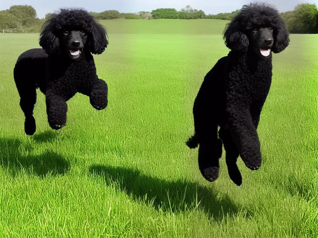 A black poodle with curly, dense fur jumping through a grassy field