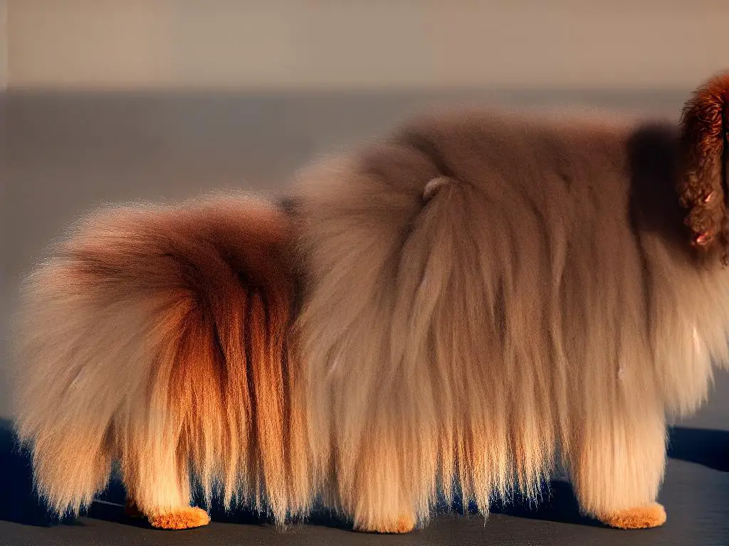 A close-up image of a poodle's coat, with tight, curly fur in a light brown shade. The coat is groomed in a traditional poodle style, with long fur on top of the head, at the end of the tail, and on top of the feet.