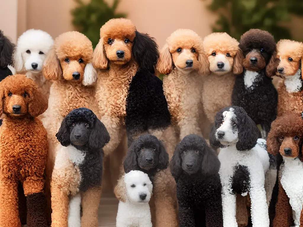 A diagram of a Poodle with different coat colors including black, silver, brown, apricot and red, showing how each color can lighten or fade over time based on genetic factors